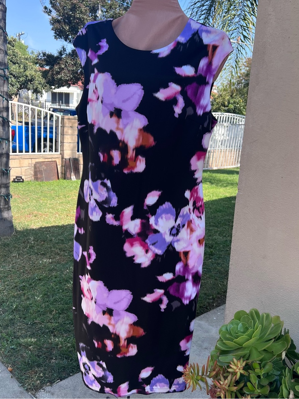 Maggy London Black Midi Dress with Pink & Purple Floral Print